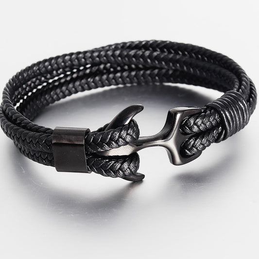 Black Leather Anchor Bracelet